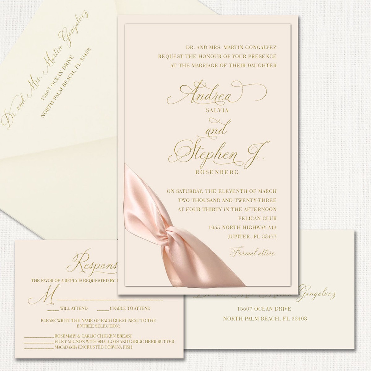 Andrea Blush Ribbon Wedding Invitations
