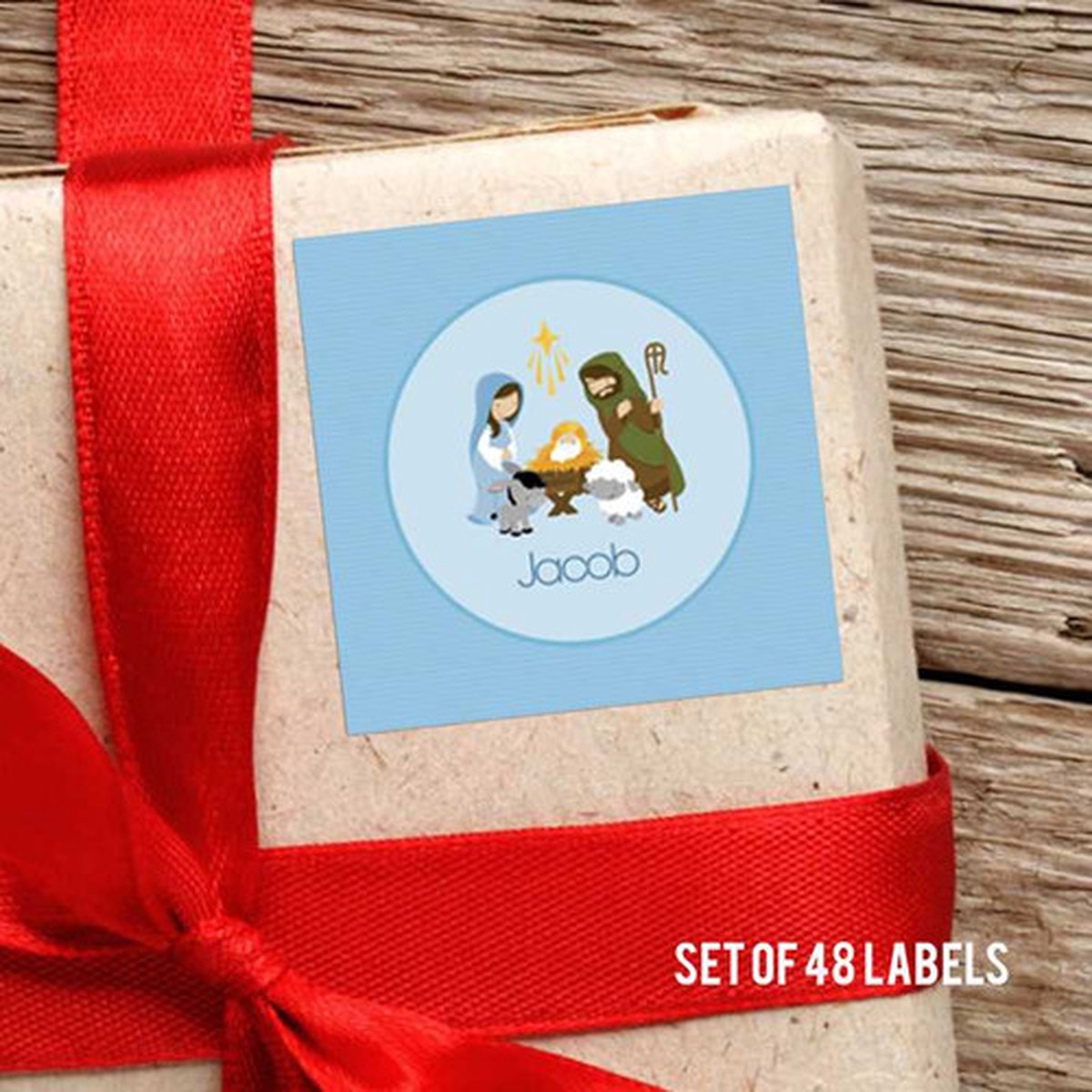 Nativity Set On Blue Square Gift Label Set